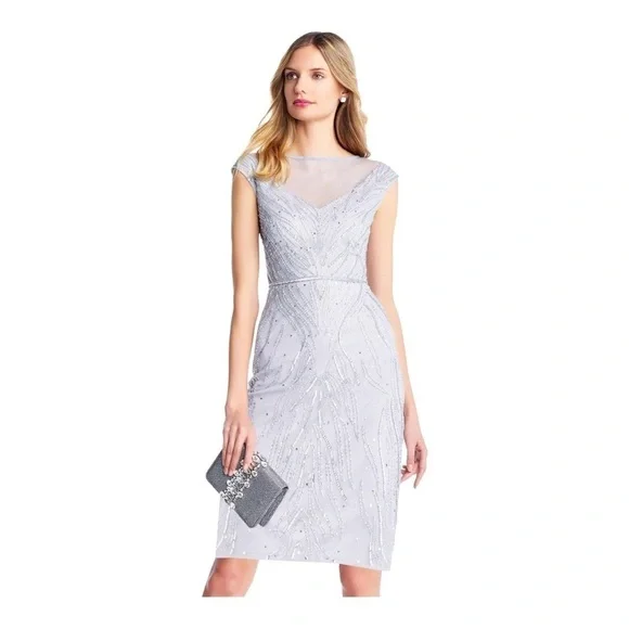 Adrianna Papell Beaded Sheer Midi Cap Sleeve Cocktail Dress in Heather Size 6